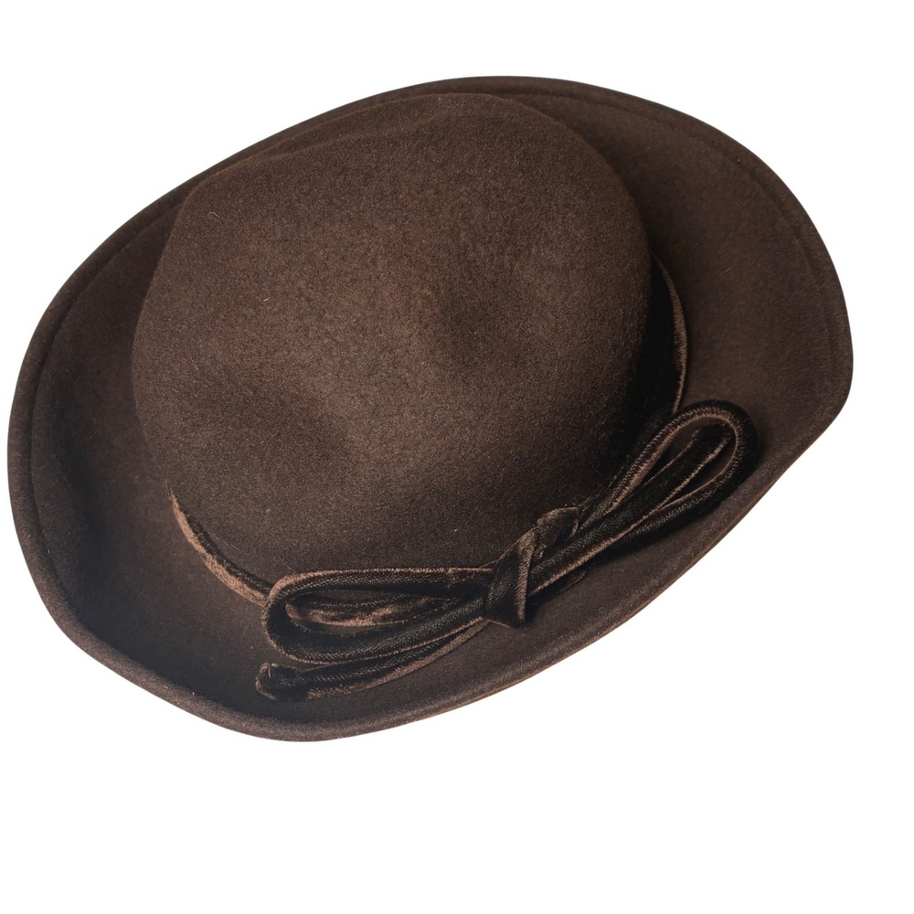 Nordstrom Wool Felt Cloche Hat Brown Velvet Bow Made in Italy One Size
